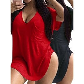 Large Size V-Neck Pocket Irregular Hem Short-Sleeved Top T-Shirt Two-Piece Set