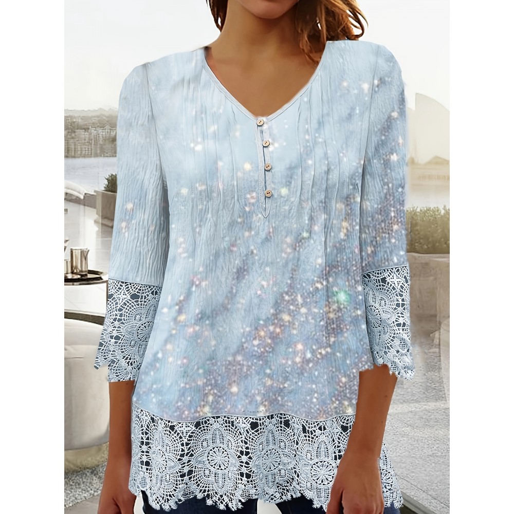 Women 3/4 Sleeve V-neck Polka Dot Printed Graphic Lace Button Tops