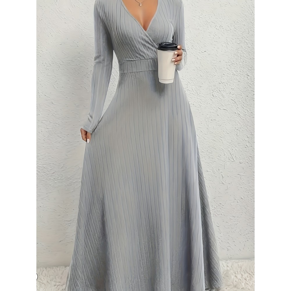 1pc Elegant Plus Size V-Neck Long Sleeve A-Line Dress - Polyester Knit Fabric, Solid Color, Cross Detail, Flared Hem, Pullover Style for Spring/Fall Casual Occasions