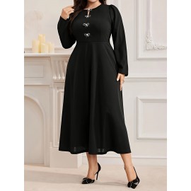 Plus Size - Elegant Plus Size Women'S Solid Color Dress with Front Bow Detail - Comfortable, Breathable, Long Sleeve, Flared Hem, Round Neck, All-Season Wear, Formal Attire|Elegant Dress|Comfortable Fit