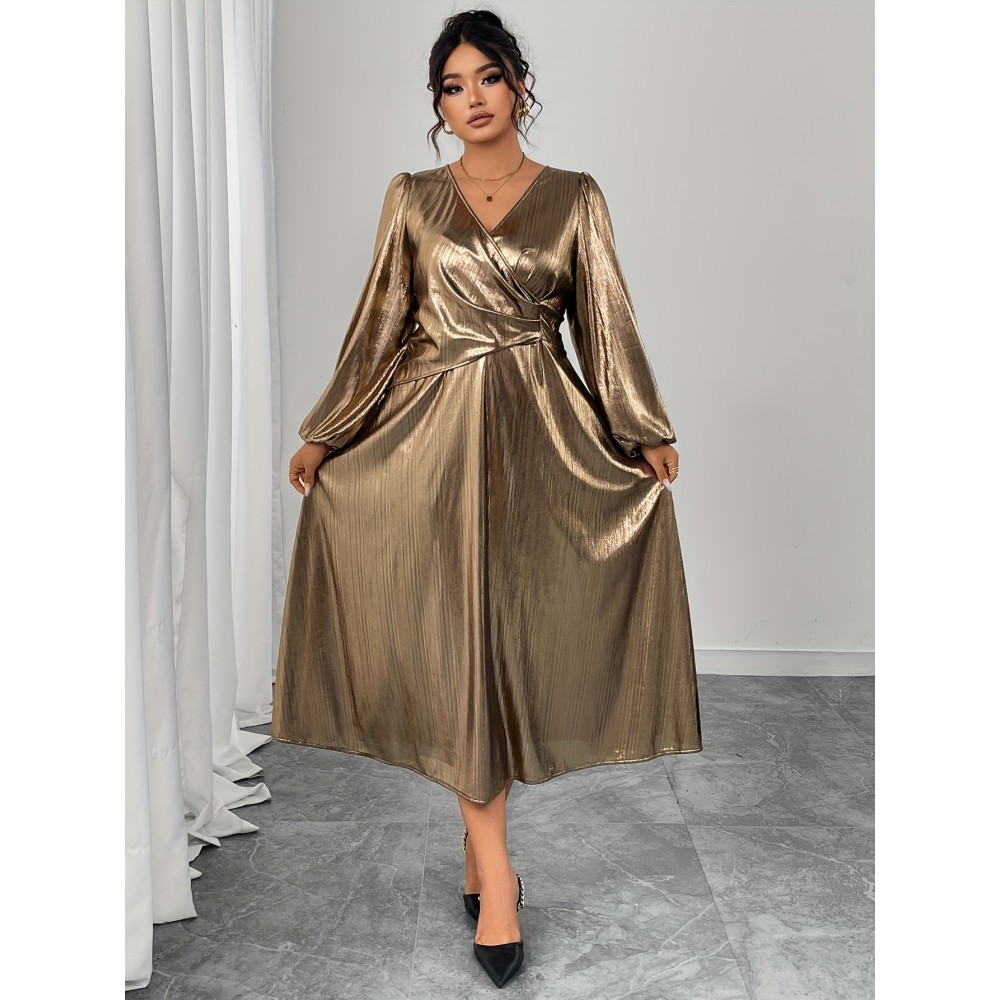 Plus Size - Elegant Plus Size V-Neck Long Sleeve Dress with Puff Sleeves and Cinched Waist - Golden, Flowing A-Line Silhouette, Perfect for Formal Occasions, Formal Evening Wear | Vneck Dress | Glossy Texture