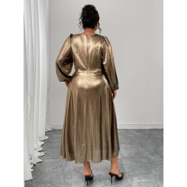 Plus Size - Elegant Plus Size V-Neck Long Sleeve Dress with Puff Sleeves and Cinched Waist - Golden, Flowing A-Line Silhouette, Perfect for Formal Occasions, Formal Evening Wear | Vneck Dress | Glossy Texture
