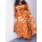 Tropical Print Maxi Dress for Women - Casual Crew Neck, 5-Point Sleeve with Tie Waist, Plus Size, Vibrant Orange & Yellow Leaf Pattern, All-Season Comfort