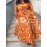 Tropical Print Maxi Dress for Women - Casual Crew Neck, 5-Point Sleeve with Tie Waist, Plus Size, Vibrant Orange & Yellow Leaf Pattern, All-Season Comfort