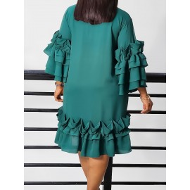 [New Arrival Plus Size Dress] Spring/Summer New Arrival - Elegant Plus Size Casual Chic Dress with Ruffled Bell Sleeves, Bow Detail, Stand Collar | Solid Color, Non-Stretch Fabric
