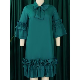 [New Arrival Plus Size Dress] Spring/Summer New Arrival - Elegant Plus Size Casual Chic Dress with Ruffled Bell Sleeves, Bow Detail, Stand Collar | Solid Color, Non-Stretch Fabric