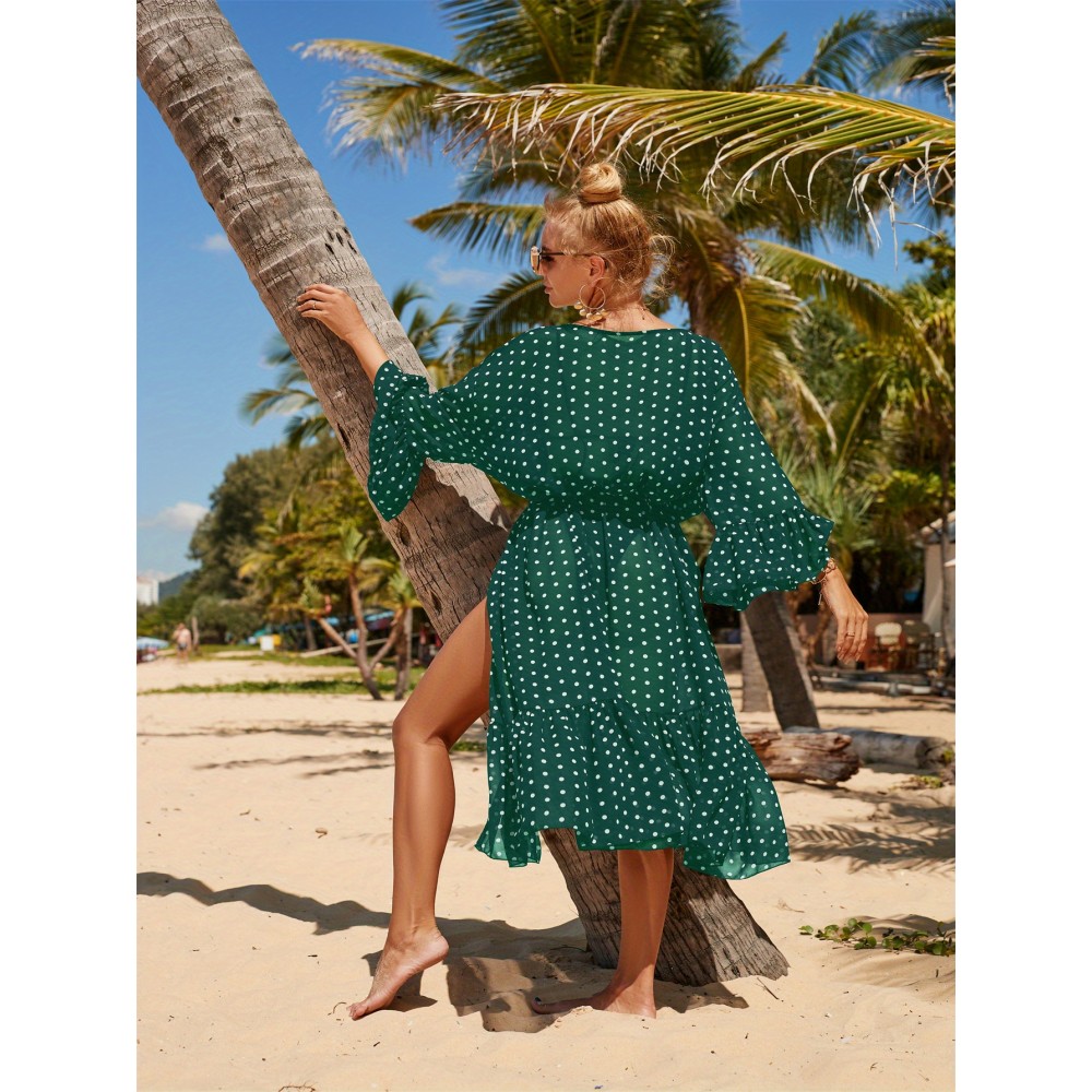 Women's Peacock Green Beach Cover Up Chiffon Flared Sleeve Bikini Sun Shirt Bohemian Style Long Sun Shirt Big Size Holiday Swimwear Cover Up Flutter Flared Sleeve Sun Shirt Ethnic Style Beach Skirt