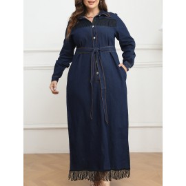 Plus Size Casual Long Sleeve Tunic Dress, Cotton Blend, Slight Stretch, Solid Color, Loose Fit, with Lapel Collar, Tassel Detail, for Fall/Winter