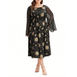 Women's Halloween Flowy Dress Elegant Long Sleeve Scoop Neck Sun Moon Print Pocket Dress Midi Dress