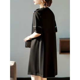 Summer Essential, Chic Black Zip-Up Dress for Women - Casual Summer Fashion with Round Neck, Stretchy Polyester Blend, Non-Sheer, Plus Size Summer Dresses