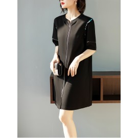 Summer Essential, Chic Black Zip-Up Dress for Women - Casual Summer Fashion with Round Neck, Stretchy Polyester Blend, Non-Sheer, Plus Size Summer Dresses
