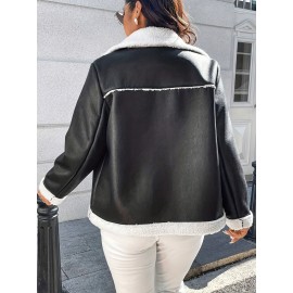 Plus Size Women's Full-Zip Motorcycle Jacket with Horseback Riding Zipper, Biker Coat, Warm Winter Outerwear, White & Collar - Casual & Motorcycle Riding (Curvy Female)