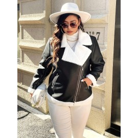Plus Size Women's Full-Zip Motorcycle Jacket with Horseback Riding Zipper, Biker Coat, Warm Winter Outerwear, White & Collar - Casual & Motorcycle Riding (Curvy Female)