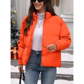 Women's Plus Size Winter Elegant Outerwear Coat - Full-Length Zipper Front Closure, Stand Collar H-Line Silhouette, Machine Washable Solid Color Jacket for Cold Weather, Casual & Dressy Occasions