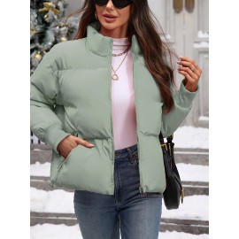 Women's Plus Size Winter Elegant Outerwear Coat - Full-Length Zipper Front Closure, Stand Collar H-Line Silhouette, Machine Washable Solid Color Jacket for Cold Weather, Casual & Dressy Occasions