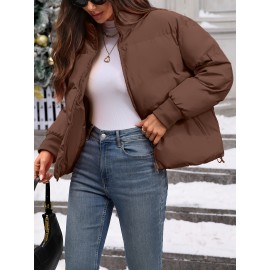 Women's Plus Size Winter Elegant Outerwear Coat - Full-Length Zipper Front Closure, Stand Collar H-Line Silhouette, Machine Washable Solid Color Jacket for Cold Weather, Casual & Dressy Occasions