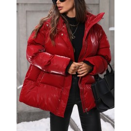 Women's Winter Hooded Jacket - Non-Stretch Outer Coat, Full-Length Zipper Front Closure, Machine Washable Cold Weather Outerwear for Everyday & Formal Events - Women's Outerwear, Ladies Winter Coats, Sleek Fabric Design, Classic Coat, Durable Material, Professional Women