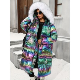 Plus Size - Plus Size, Women'S Plus Size Winter Jacket - Elegant Hooded Coat with Full-Zip Closure, Non-Stretch Fabric, Long Sleeve Cold Weather Outerwear, Plus Size Friendly (no Belt Needed) - Elegant Outerwear For Everyday & Formal Eve