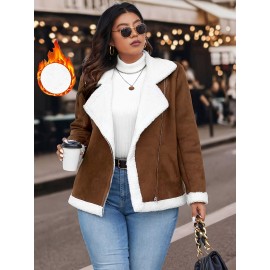 Plus Size Women'S Color Block Lapel Collar Zip-Up Jacket - Warm Fleece-Lined Casual Outerwear with Front Pockets, Solid Color Design for Fall/Winter, Cozy Layering Piece, Winter Jacket, Fall Fashion, Sporty Style, Durable Fabric