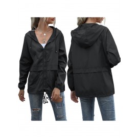 Women's Water-Resistant Hooded Jacket - Solid Color, Zip-Up with Drawstring Detail, Casual Polyester Coat for Spring/Fall, Machine Washable - Sizes L to XXL
