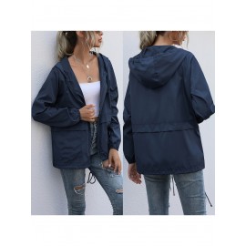 Women's Water-Resistant Hooded Jacket - Solid Color, Zip-Up with Drawstring Detail, Casual Polyester Coat for Spring/Fall, Machine Washable - Sizes L to XXL