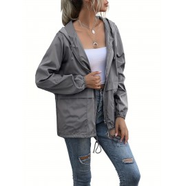 Women's Water-Resistant Hooded Jacket - Solid Color, Zip-Up with Drawstring Detail, Casual Polyester Coat for Spring/Fall, Machine Washable - Sizes L to XXL