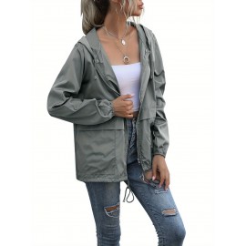 Women's Water-Resistant Hooded Jacket - Solid Color, Zip-Up with Drawstring Detail, Casual Polyester Coat for Spring/Fall, Machine Washable - Sizes L to XXL