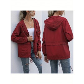 Women's Water-Resistant Hooded Jacket - Solid Color, Zip-Up with Drawstring Detail, Casual Polyester Coat for Spring/Fall, Machine Washable - Sizes L to XXL