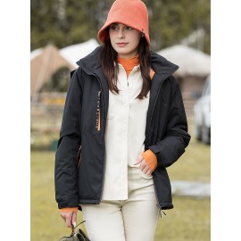 1pc Women'S Windproof Water-Resistant Breathable Casual Outdoor Sports Jacket, 100% Polyester Hooded Thickened Climbing Coat, Long Sleeve Winter Sports Apparel with Zipper and Alphabet Pattern
