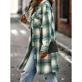 Women's Plus Size Plaid Button-Up Shirt Style Trench Coat, Casual Long Sleeve Open-front Overcoat with Pockets, Vintage-Inspired Polyester Woven All-Season Jacket