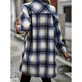 Women's Plus Size Plaid Button-Up Shirt Style Trench Coat, Casual Long Sleeve Open-front Overcoat with Pockets, Vintage-Inspired Polyester Woven All-Season Jacket