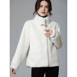 1pc Women'S Plus Size Faux Mink Coat, 100% Polyester Knit Fabric, Stand Collar with Button Closure, Solid Color Long Sleeve Warm Winter Sports Jacket