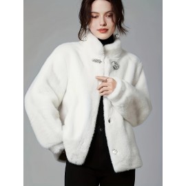 1pc Women'S Plus Size Faux Mink Coat, 100% Polyester Knit Fabric, Stand Collar with Button Closure, Solid Color Long Sleeve Warm Winter Sports Jacket