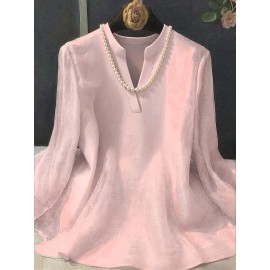 [Plus Size Chiffon Shirt] Plus Size Elegant Long-Sleeve Chiffon Shirt | High-Density, Soft Lining, Flowing Mesh, Henley Neckline, Smooth Tailoring | Spring & Autumn Outings